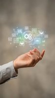 Business hand presenting digital technology icons with glowing effects representing cloud computing, data analytics, and connectivity solutions.