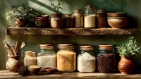 Rustic kitchen pantry shelves with glass jars filled with grains, spices and dried herbs alongside ceramic bowls and wooden utensils for cooking.