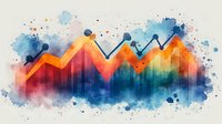 Vibrant watercolor line graph showing business growth trend with orange peaks against blue splatter background, artistic financial data visualization for presentations.