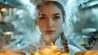Young woman with braided hair surrounded by mystical smoke and candlelight creating ethereal atmosphere, soft focus portrait with dreamy bokeh effect.