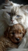 Fluffy ragdoll cat with blue eyes cuddling adorable brown puppy in tender embrace showing friendship between pets for animal lovers and companionship themes.