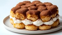 Classic tiramisu cake with ladyfinger cookies, mascarpone cream and cocoa powder dusting on white plate, Italian dessert for bakery menu and food photography.