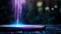 Magical light beam falls on dark surface creating glowing effect with bokeh and sparkles in purple and blue colors against black background.