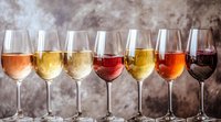 Wine glasses filled with different varieties from light rose to deep red arranged in row against rustic background, showing spectrum of wine colors and styles.