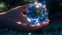Glowing magical sphere with constellation patterns and starry lights held gently in palm against dark background, creating mystical atmospheric scene.