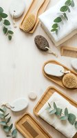 Natural spa accessories with eucalyptus leaves, pumice stones, wooden brushes and towels arranged on light background for wellness and self-care routines.