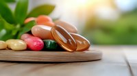 Colorful dietary supplements and vitamin pills on wooden cutting board against blurred natural green background. Healthy lifestyle concept.