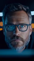 Close-up portrait of mature Caucasian male with gray beard wearing glasses in dark moody lighting with blue tones and bokeh background, looking directly at camera.