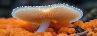 Delicate white mushroom with translucent gills and water droplets growing among vibrant orange fungi, creating dramatic macro nature photography composition.