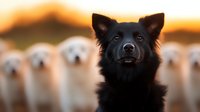 Black shepherd dog portrait in front of white dogs at sunset, selective focus on dark furry face with alert expression and pointed ears against blurred background.