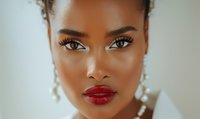 Close up portrait of African American woman with red lipstick, natural curly hair, and pearl earrings against light background, showcasing glamorous makeup and flawless skin.