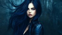 Young woman with flowing dark blue hair and intense gaze wearing black leather jacket against mystical forest background in dramatic moody lighting.