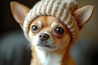 Adorable chihuahua dog wearing knitted beige winter hat looking at camera with expressive eyes and alert expression against dark background.
