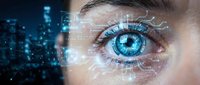 Futuristic digital eye with holographic interface and data visualization technology for cybersecurity and artificial intelligence applications.