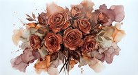 Watercolor roses bouquet in warm autumn tones with splashes and leaves on white background for romantic designs and floral decorations.
