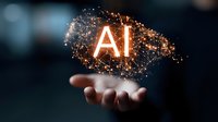 Glowing AI text with sparkles and particles floating above open palm against dark background, representing artificial intelligence and future technology.
