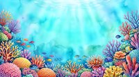 Vibrant underwater coral reef scene with colorful marine life and sunlight rays filtering through turquoise water for ocean themed designs.