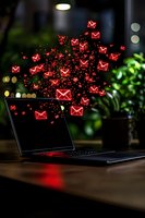 Glowing red email icons and particles floating from laptop screen in dark room with bokeh lights, representing digital communication and message delivery.