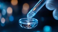 Droplet of glowing blue liquid falling from glass pipette into petri dish against dark background with bokeh lights, macro photography for science concept.