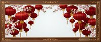 Traditional red Chinese lanterns with golden tassels and cherry blossom branches create elegant frame border on white background for festive celebrations.