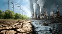 Contrasting energy sources showing clean wind turbines beside polluting industrial plant with cooling towers emitting smoke over cracked, barren landscape.