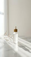 Clear glass dropper bottle with wooden cap containing serum or essential oil, displayed on marble surface with dried botanicals and natural sunlight for skincare and cosmetic product marketing.