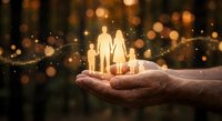 Family protection concept with glowing paper cutout figures in cupped hands against warm bokeh background for insurance and care themes.