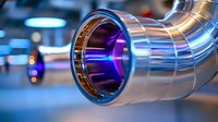 Polished chrome exhaust pipe with glowing purple light effect, modern automotive detail shot showing metallic surface reflection and bokeh background lighting effects.