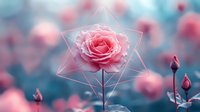 Pink rose with geometric triangle overlay on soft blurred floral background for modern romantic design and wedding decoration concepts.