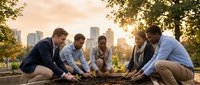 Diverse group of young professional men having barbecue picnic in urban park with city skyline at sunset, teambuilding outdoor social gathering concept.