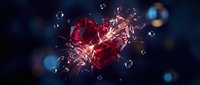 Shattered red crystal heart breaking apart with sparkling fragments and light rays on dark blue background with bokeh effects for romantic concepts.