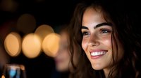 Young Mediterranean woman with bright smile and glowing skin against warm bokeh lights background, radiating happiness and confidence in evening setting.