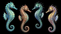 Seahorse isolated on transparent background, ready for t-shirt design, clipart, stickers, sublimation and print-on-demand products. Four decorative variations included.