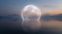 Luminous sphere floating on calm water at sunset with misty mountains in background, reflecting soft light for surreal and dreamlike concepts.