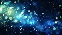 Magical glowing bokeh lights on dark blue background with floating particles and sparkles create dreamy atmospheric effect for festive designs.