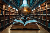 Vintage globe on open book in library with dramatic lighting and bokeh effect, bookshelves creating leading lines to horizon, knowledge and education concept.