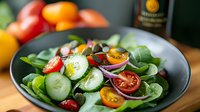 Fresh garden salad with spinach leaves, sliced cucumber, cherry tomatoes and red onion rings in dark ceramic bowl on wooden table. Healthy eating concept.
