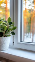 Green plant in white textured pot on windowsill with snowy winter forest and warm sunset light in background creating cozy home atmosphere.