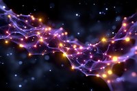 Abstract glowing purple and orange energy wave with light particles flowing through dark space background, creating dynamic network connections.