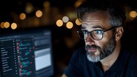 Middle-aged Caucasian male programmer with glasses and beard working late at computer with coding interface, warm bokeh lights in background office.