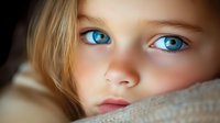 Young blonde girl with striking blue eyes resting peacefully on soft fabric, showcasing innocent childhood expression and natural beauty for family content.