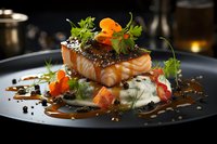 Grilled salmon fillet with caviar and orange slice garnish served on creamy sauce with fresh herbs and caramelized sauce on black plate.