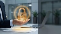 Businessman holding glowing padlock with eye symbol, representing cybersecurity, data protection, and digital privacy solutions for corporate networks and information security.