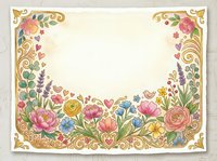 Ornate floral frame with gold scrollwork and botanical elements featuring roses, peonies, and wildflowers on cream background, isolated and ready for invitations, cards, and design projects.