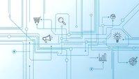 Digital marketing technology network with interconnected business icons and circuit board pathways for online commerce solutions.