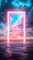 Mystical glowing neon portal frame in surreal landscape with pink and blue clouds, stars and reflective ground creating dreamlike atmospheric scene.