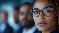 Young African American businesswoman wearing glasses with confident expression in corporate office setting, with colleagues in background, professional workplace portrait.