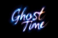 Glowing neon Ghost Time text with electric blue and pink lighting effects on black background for Halloween party invitations and spooky event promotions.