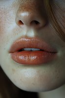 Close-up of woman's face showing glossy coral lips and natural freckled skin. Beauty skincare and makeup concept for cosmetics advertising.