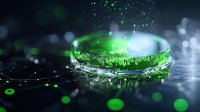 Glowing green liquid droplet with sparkling water splash and bokeh effect on dark background creates magical atmosphere for fantasy or science designs.